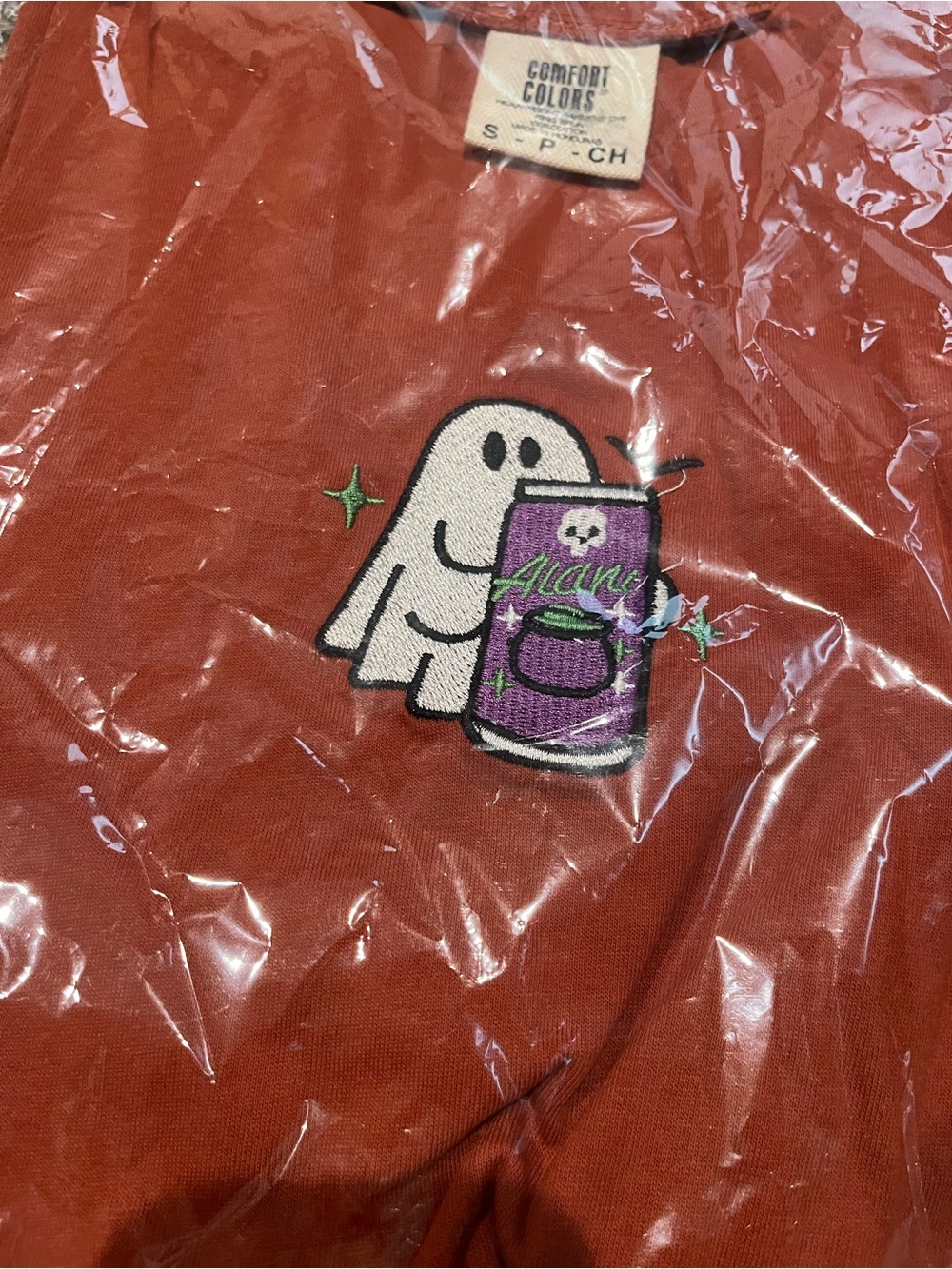 BRAND NEW Alani Ghost 👻 Comfort Colors Rust Orange Tee Embroidery